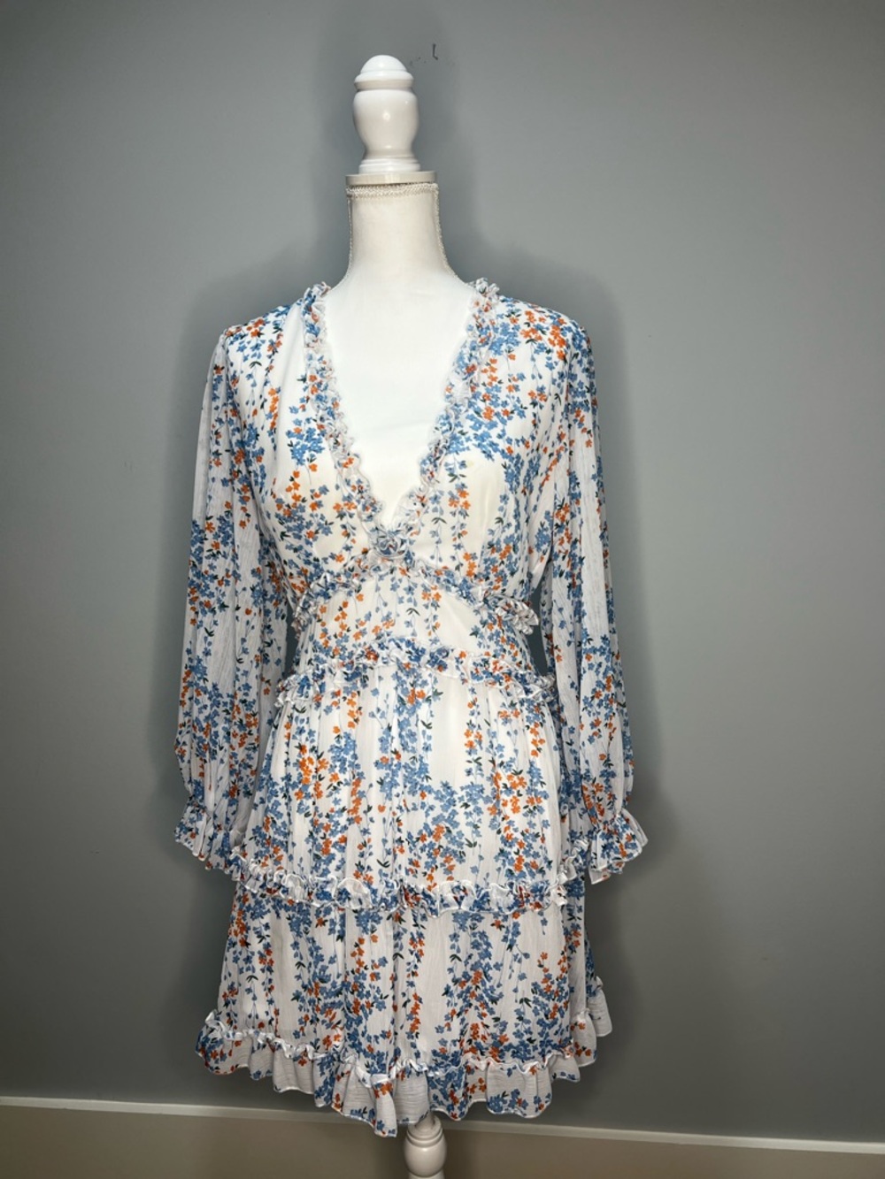 White Floral Ruffle V-Neck Dress with Blue & Orange Flowers